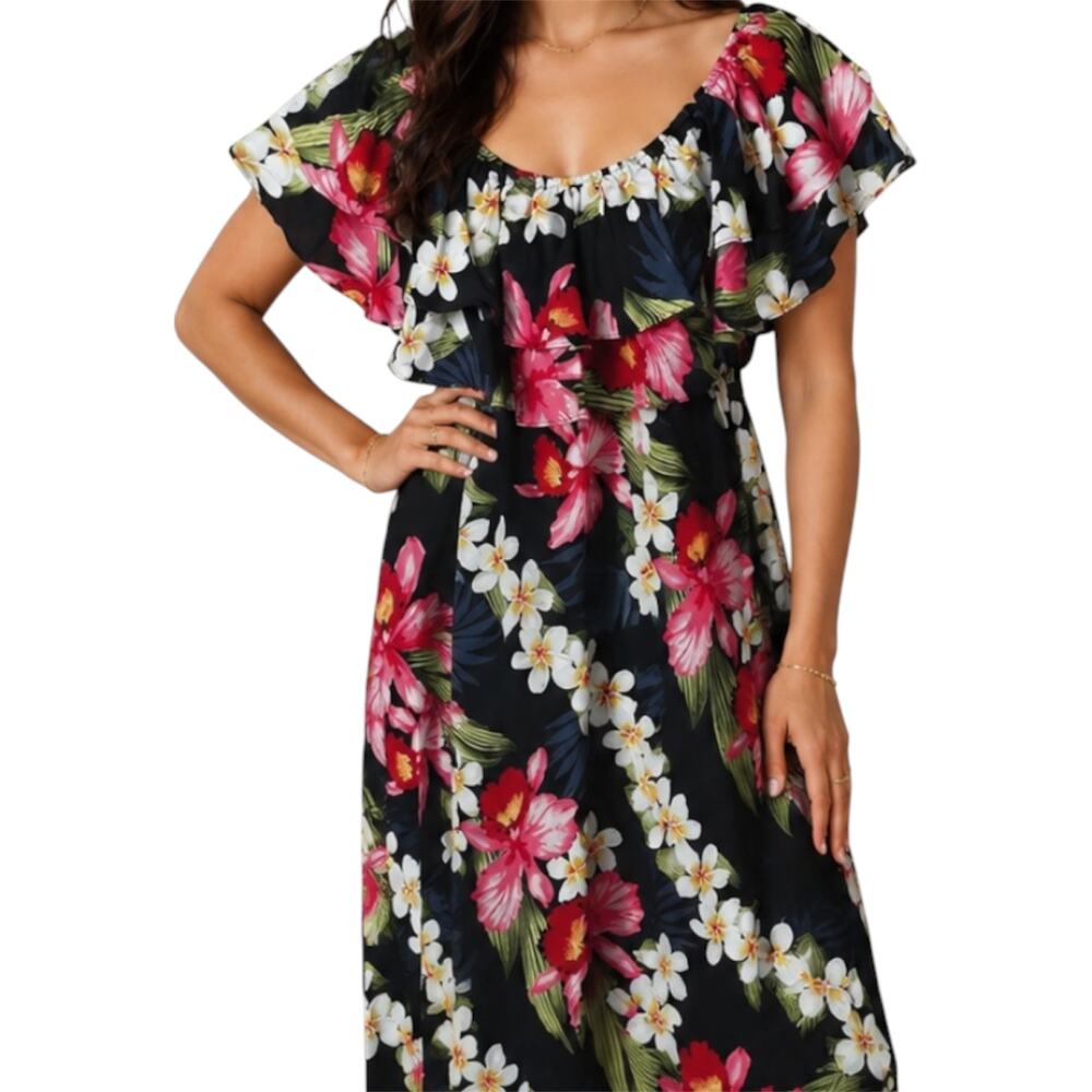 Vintage Two Palms Midi Dress Off The Shoulder Ruffle Floral Multicolor Small